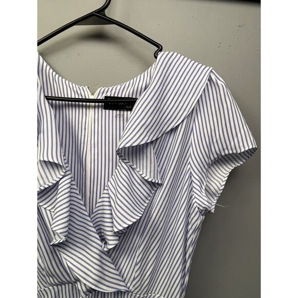 DN Design Dress Womens size 12 Blue White striped Belted Ruffles V Neck‎ - Picture 5 of 8